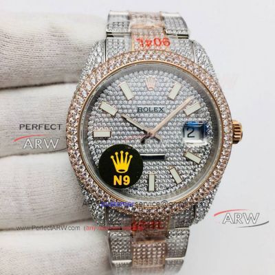 N9 Factory Fully Iced Out Rolex Datejust ii Two Tone Rose Gold Swiss Replica Watches 41mm 